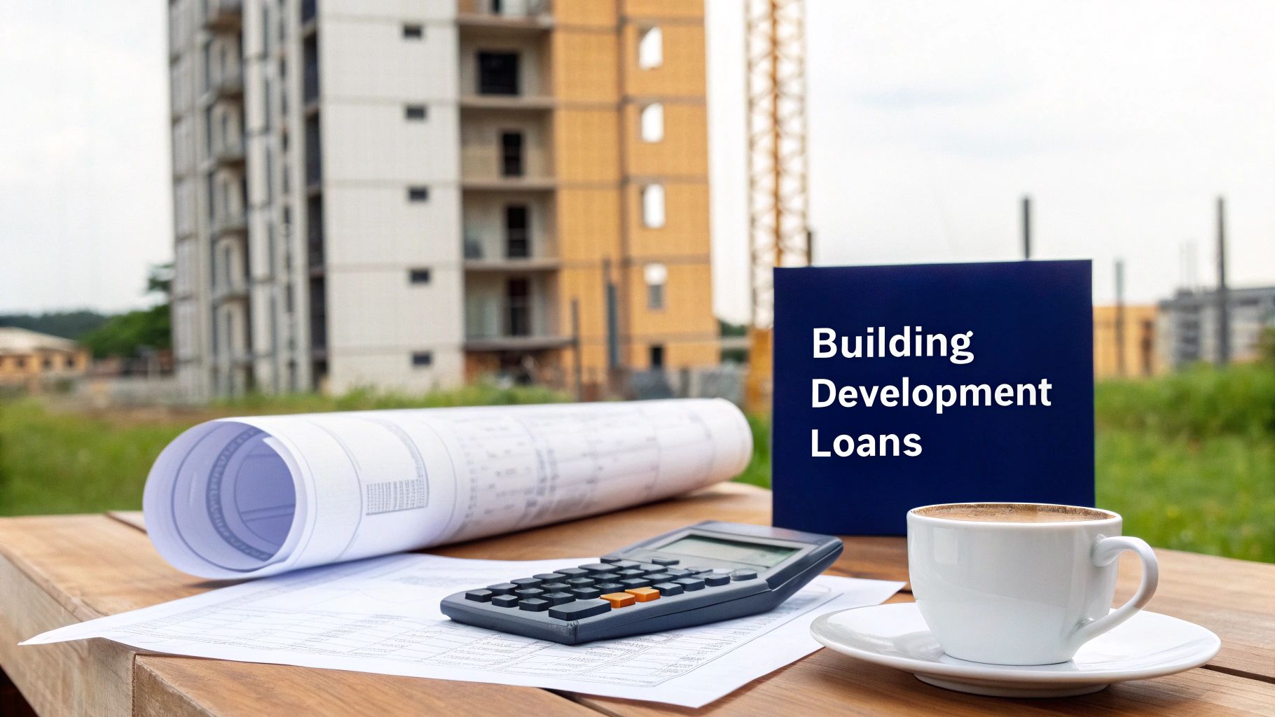 Construction plans, calculator, and coffee on a table with a 'Building Development Loans' sign and site.