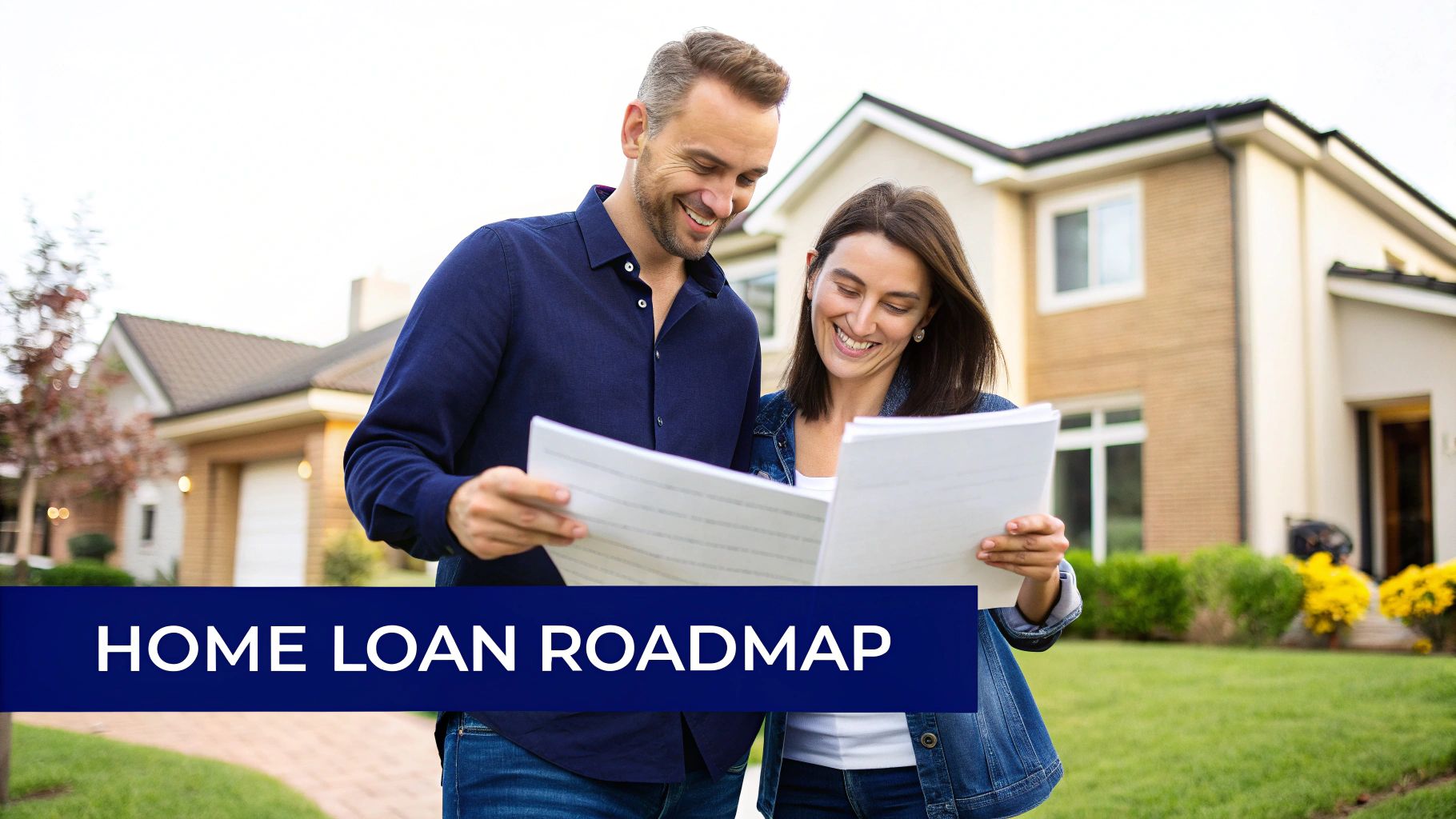 Happy couple reviewing home loan documents in front of a modern house, with text "HOME LOAN ROADMAP".