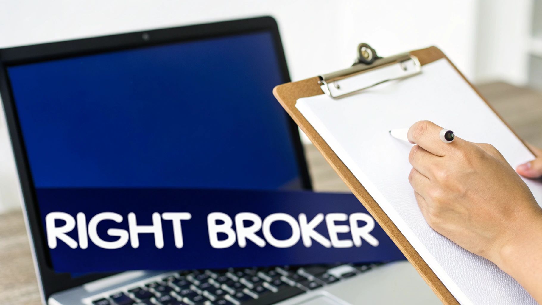Hand preparing to write on a clipboard, with a laptop screen displaying 'RIGHT BROKER' for finance decisions.