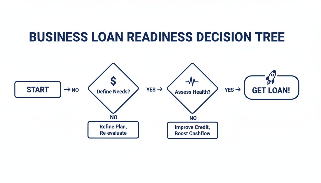 A business loan readiness decision tree flowchart guiding users through defining needs and assessing health.