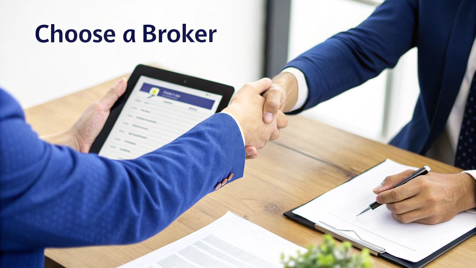 Two business people in suits shaking hands over a desk, one holding a tablet, the other signing papers, with 'Choose a Broker' text overlay.