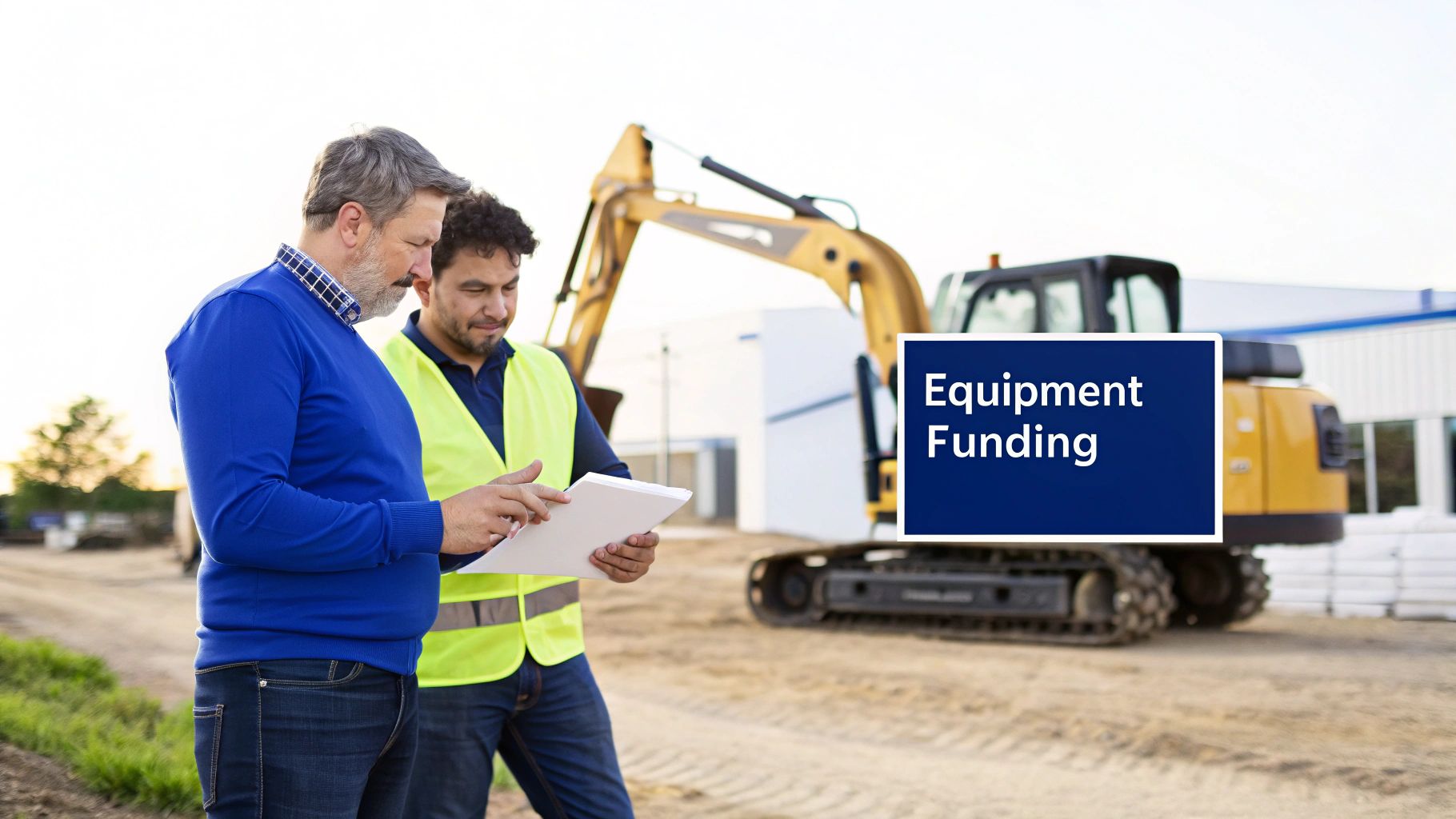 Two men, one in a safety vest, reviewing documents at a construction site with an excavator and 'Equipment Funding' sign.