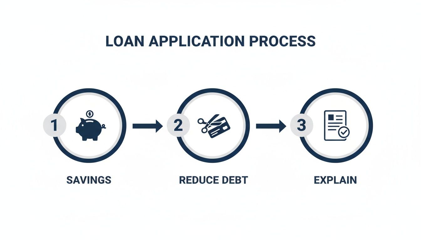 A three-step infographic outlining the loan application process: Savings, Reduce Debt, and Explain.