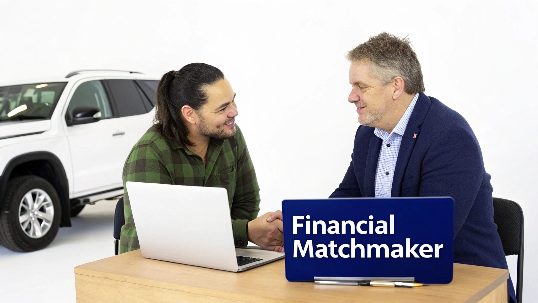 Two smiling men shaking hands at a desk, with a 'Financial Matchmaker' sign and a white car.