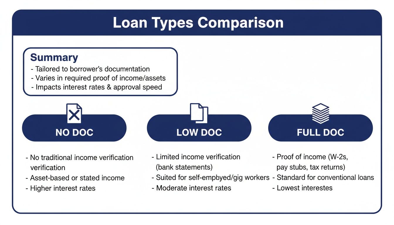 Comparison of No Doc, Low Doc, and Full Doc loan types, detailing requirements and interest rates.