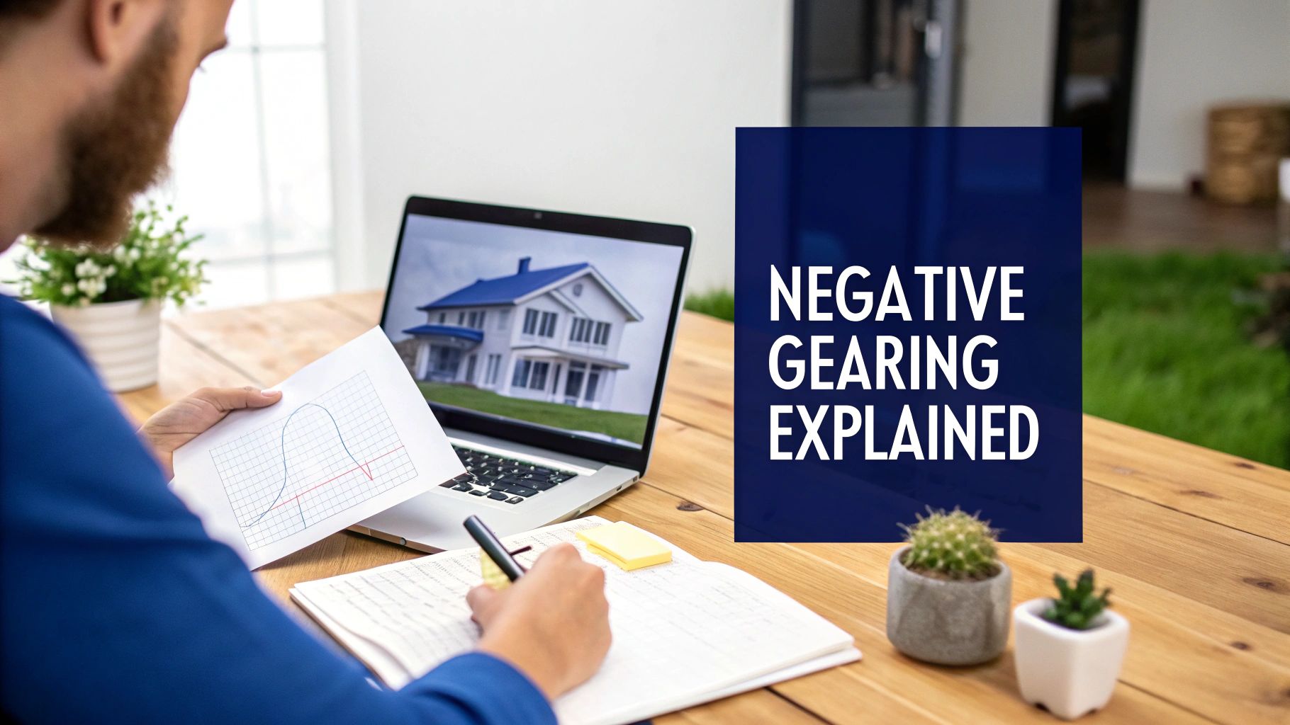 Person analyzing financial graphs and real estate on a laptop with 'Negative Gearing Explained' text.