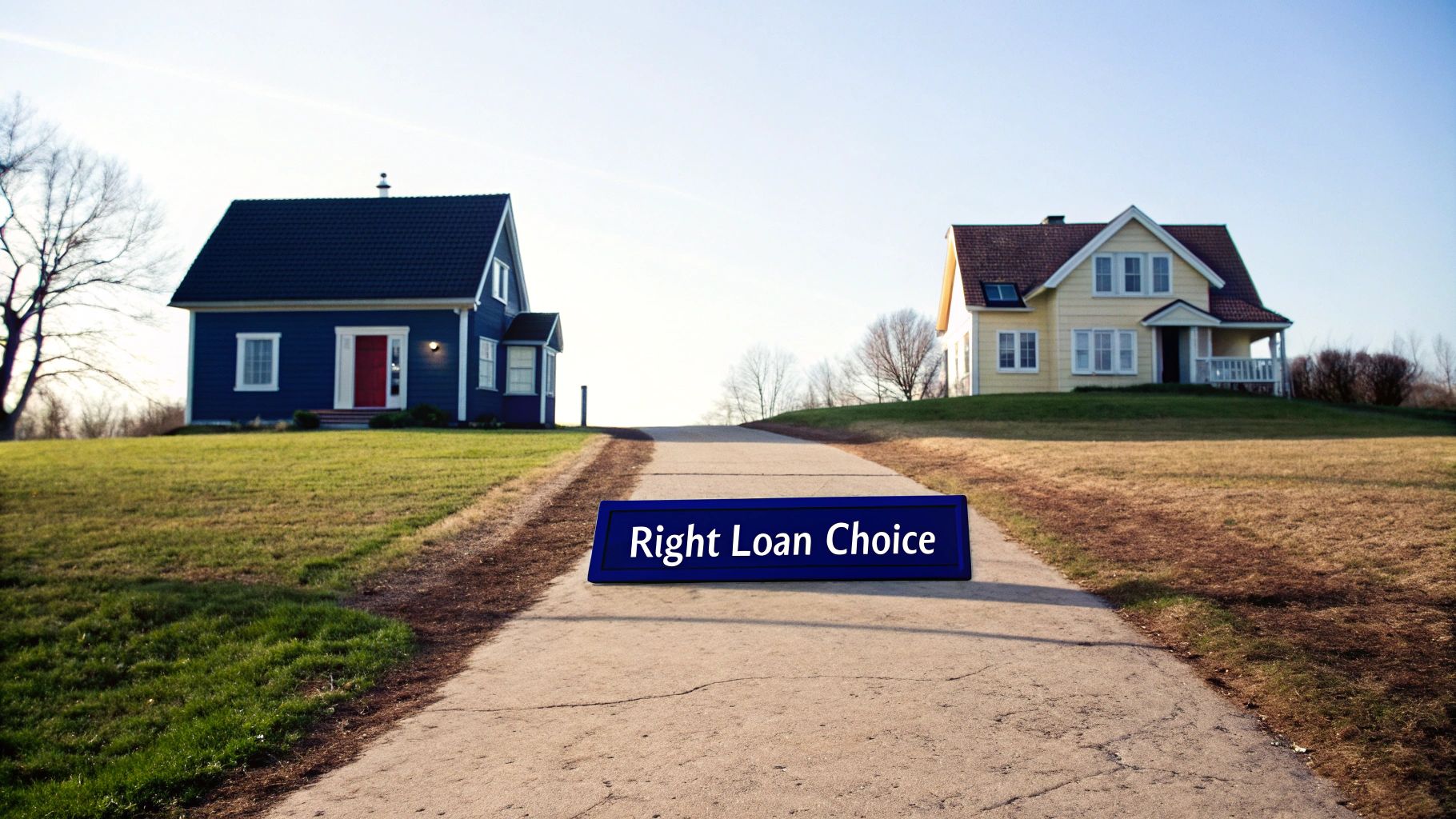 A sign on a path reading 'Right Loan Choice' between two houses, representing housing finance decisions.
