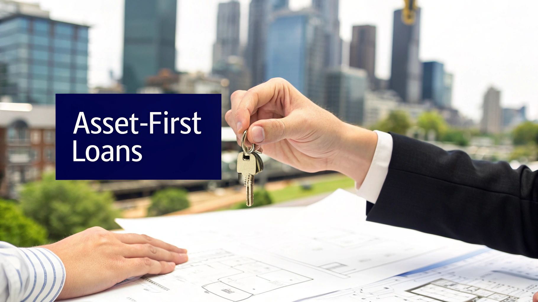 A person hands keys over architectural blueprints to another, with "Asset-First Loans" text and a city skyline.
