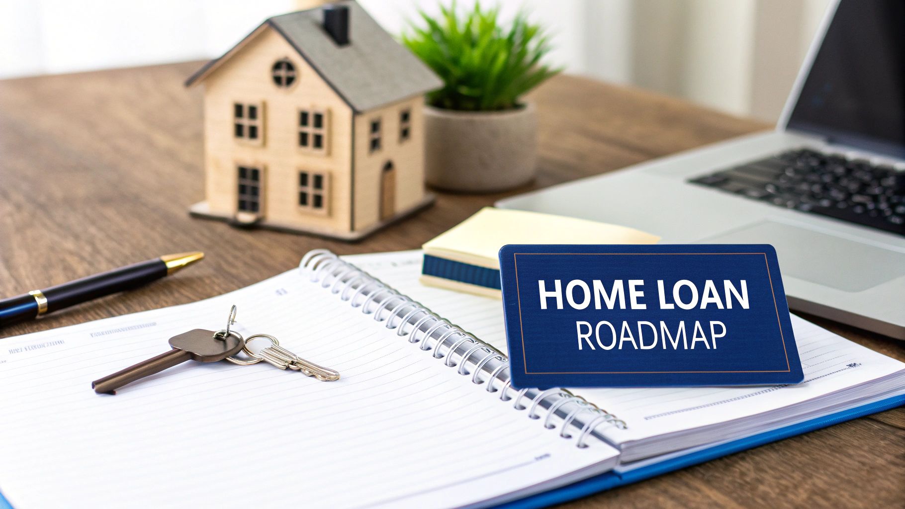 A desk with a miniature house model, keys, pen, and a 'Home Loan Roadmap' sign, illustrating the home buying process.