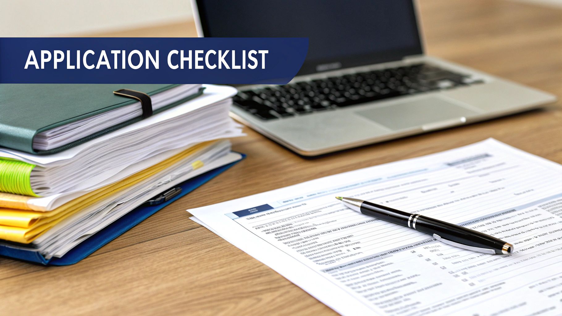 Desk with application checklist banner, forms, pen, documents, and laptop for administrative tasks.