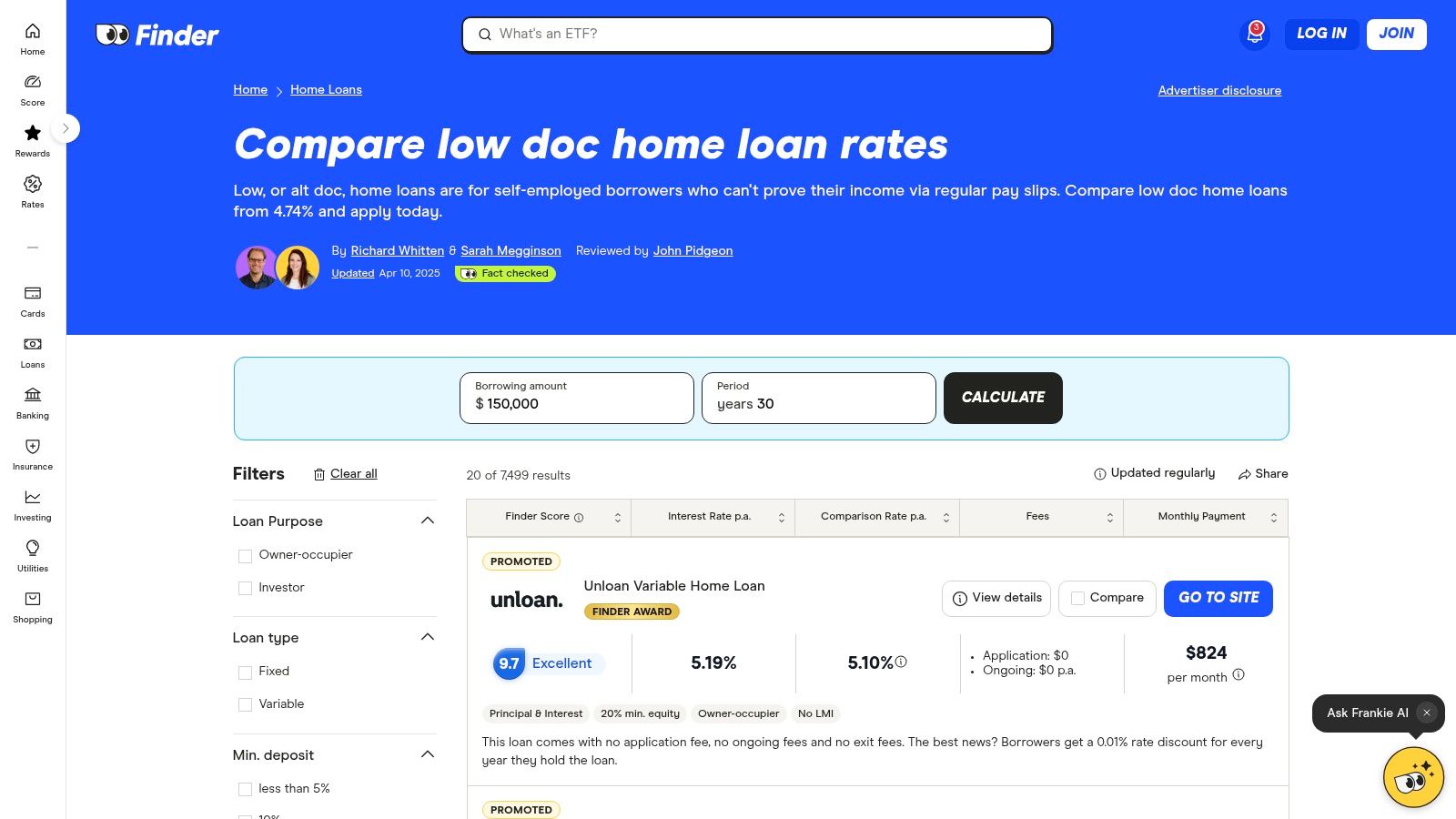 Finder — Low‑Doc Home Loans (comparison platform)