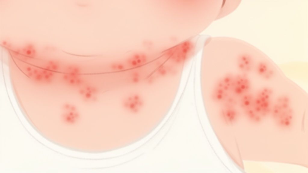 Pele de um bebê com erupção cutânea vermelha no pescoço e ombro, composta por pequenas bolinhas.