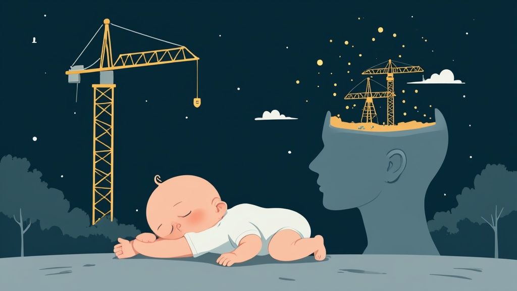Bebê dormindo tranquilamente à noite, com guindastes de construção simbolizando o desenvolvimento cerebral e crescimento.