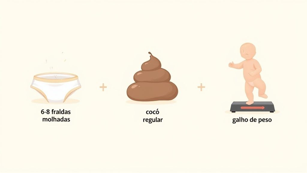 Ilustração dos sinais de que um bebê está bem alimentado: fraldas molhadas, cocô regular e ganho de peso.