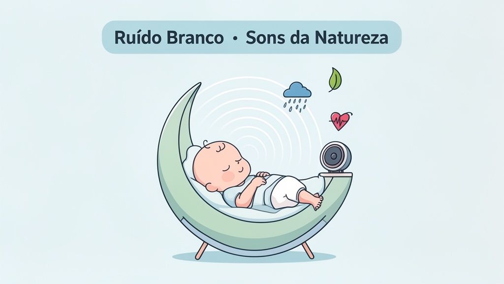 Bebê dormindo tranquilamente em berço em forma de lua, com uma máquina de ruído branco emitindo sons relaxantes.