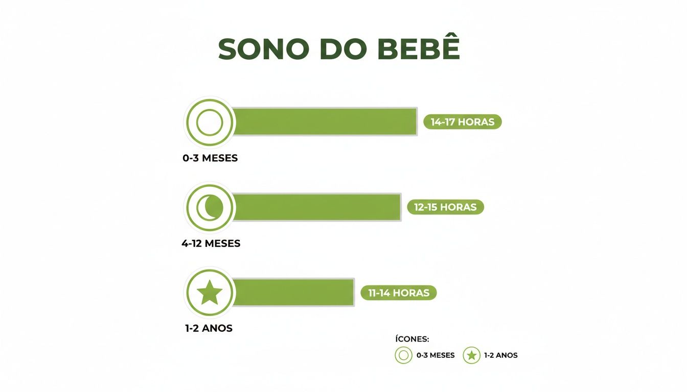 Gráfico informativo sobre as horas de sono recomendadas para bebês em diferentes faixas etárias.