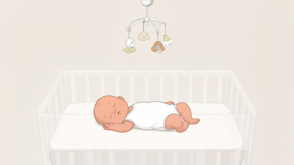 Um bebê recém-nascido dormindo pacificamente de costas em um berço com um móbile suspenso.