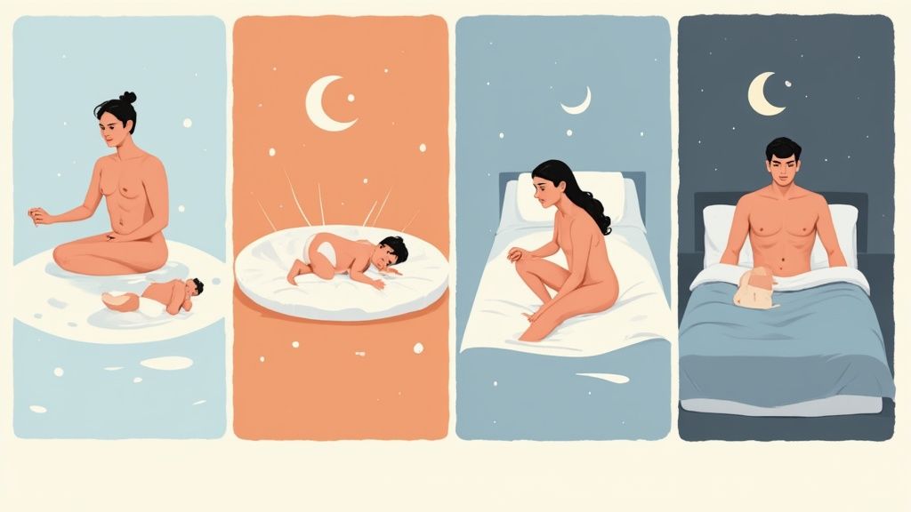 Quatro painéis mostrando pais e bebê acordando à noite, ilustrando a rotina de sono interrompida.