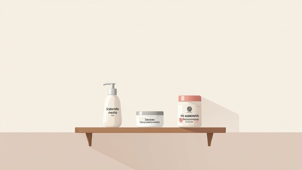 Uma prateleira de madeira com três produtos de higiene pessoal, incluindo sabonete líquido e cremes.