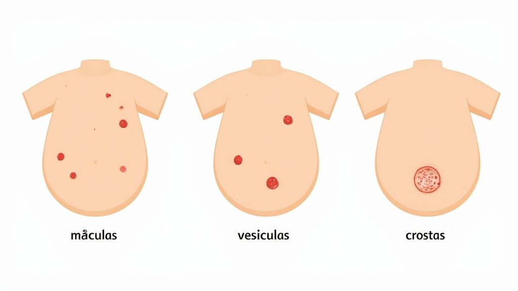 Imagem ilustra três estágios de lesões de catapora (máculas, vesículas, crostas) no tronco de um bebê.
