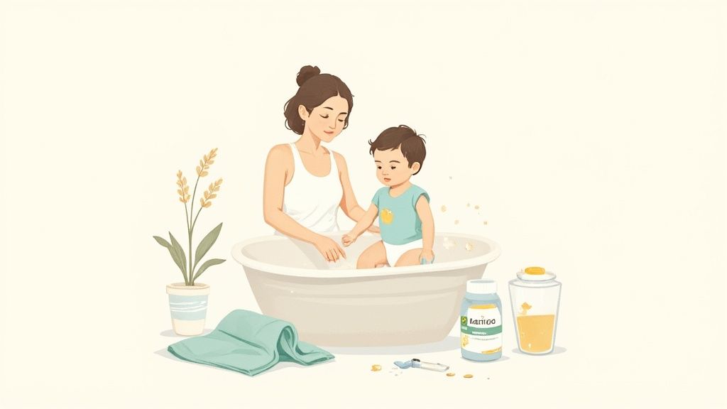 Mãe e bebê desfrutando de um banho relaxante em uma banheira, com produtos de higiene infantil por perto.