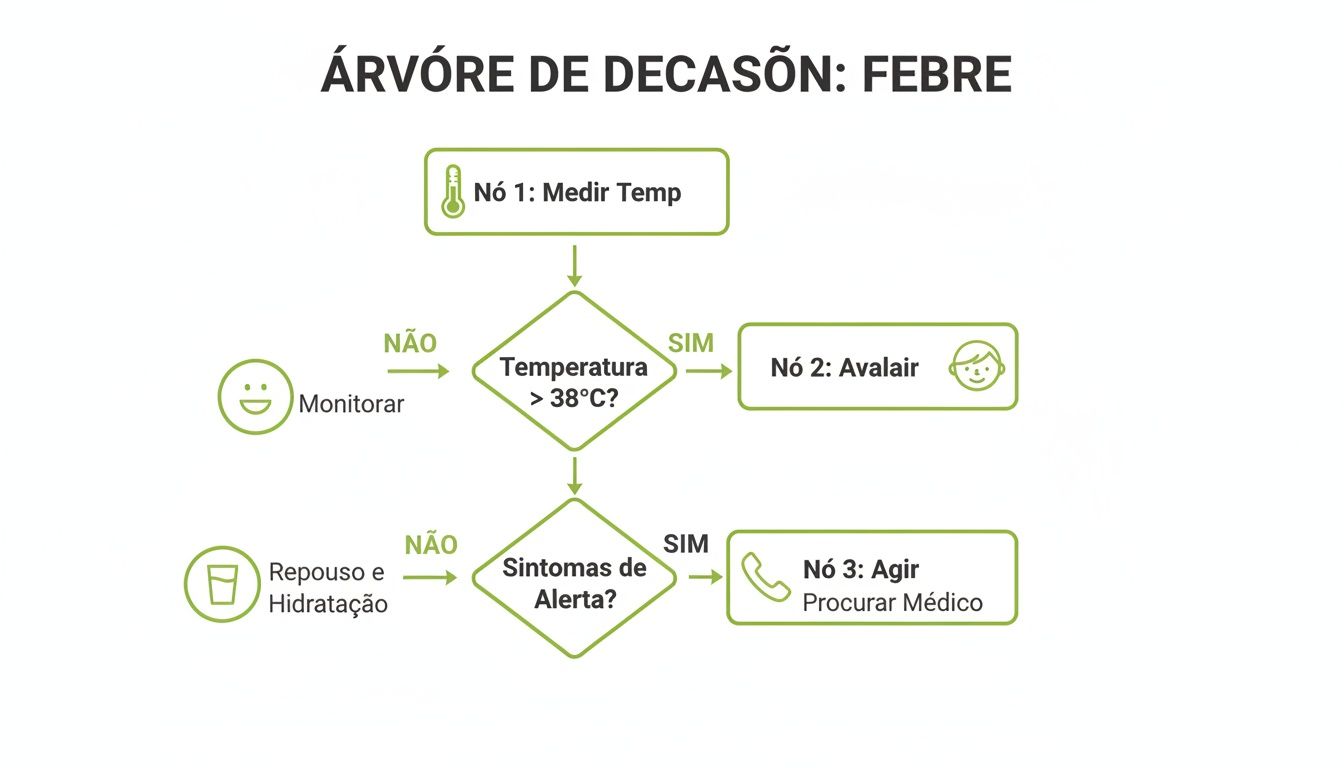 Fluxograma de árvore de decisão para manejo da febre, com passos para medir temperatura, avaliar e procurar médico.