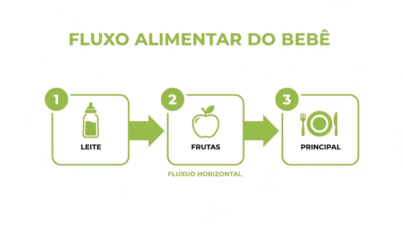 Fluxo alimentar do bebê mostrando a progressão de leite, frutas e refeição principal em três etapas.