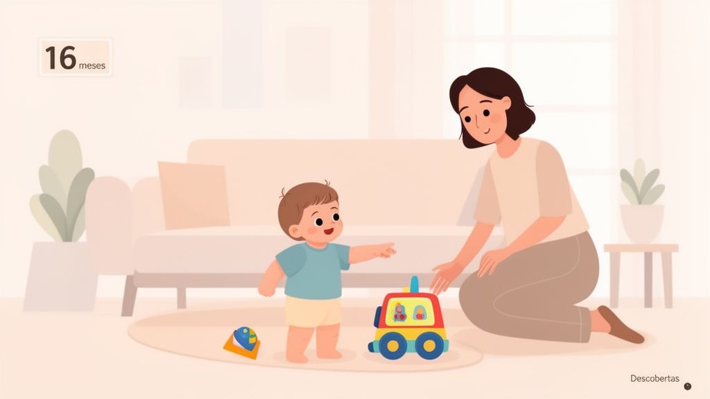 Bebê de 16 meses de idade de pé, apontando para um carrinho de brinquedo, com a mãe ajoelhada sorrindo e interagindo.