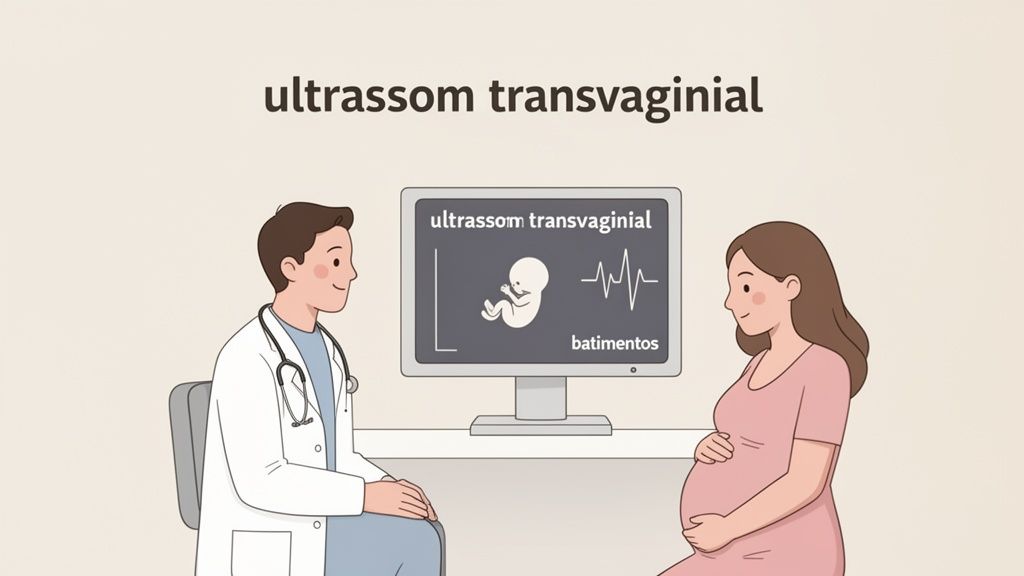 Médico e gestante em consulta de ultrassom transvaginal, visualizando o bebê e os batimentos cardíacos na tela.
