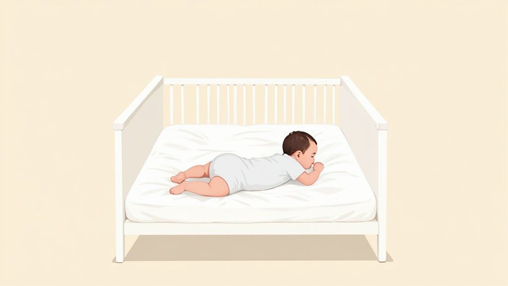 Bebê de bruços, vestindo um body branco, dormindo calmamente num berço branco.