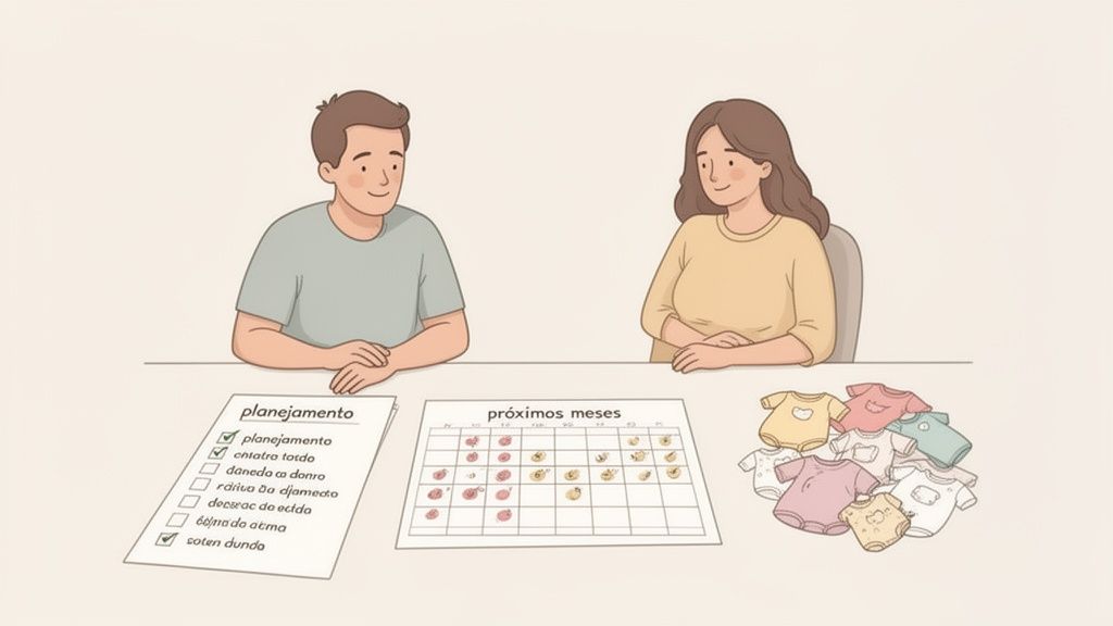 Um casal feliz planejando a chegada do bebê com checklist, calendário de meses e roupas infantis.