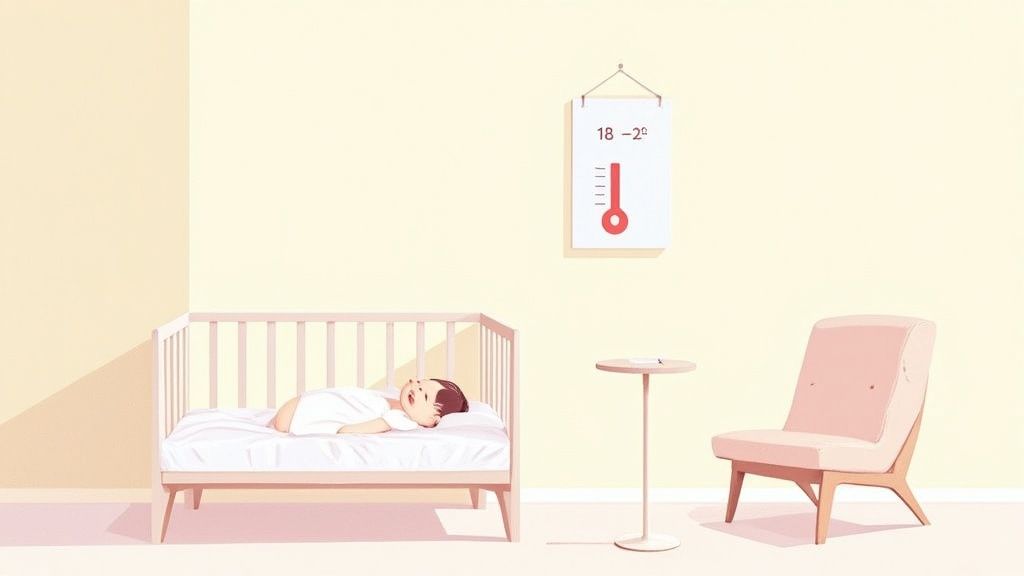 Bebê dormindo tranquilamente em um berço, com um termômetro mostrando a temperatura ideal do quarto.