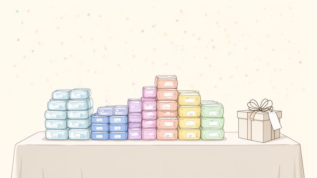 Pilha de fraldas coloridas de diferentes tamanhos e uma caixa de presente com laço em uma mesa.