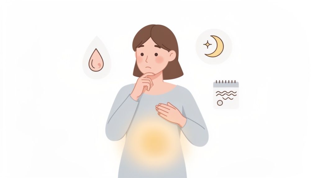 Mulher pensativa com dor de estômago e ícones de período menstrual, noite e ciclo.