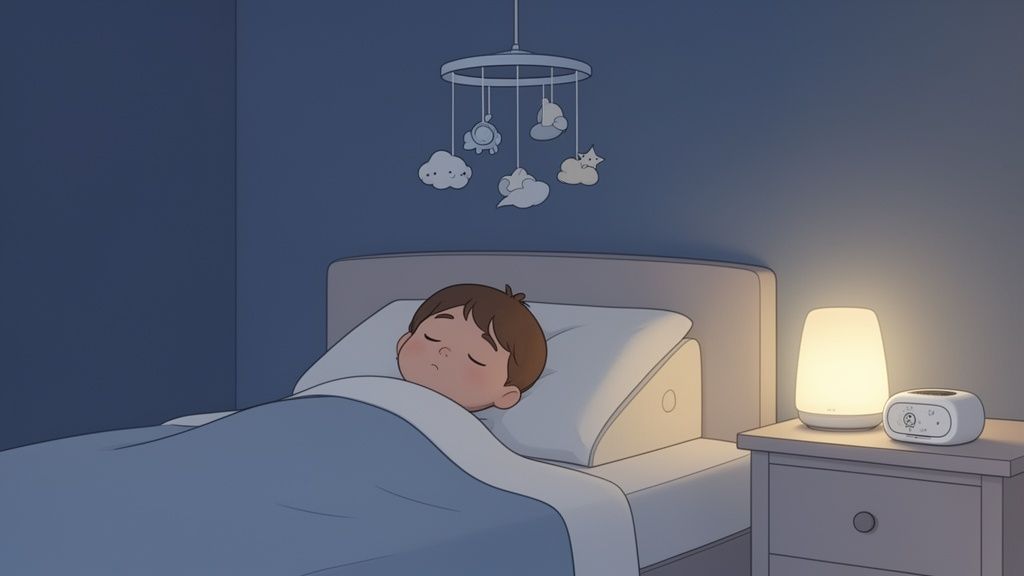 Criança dormindo tranquilamente em sua cama escura, com um móbile de nuvens e uma luz noturna suave ao lado.