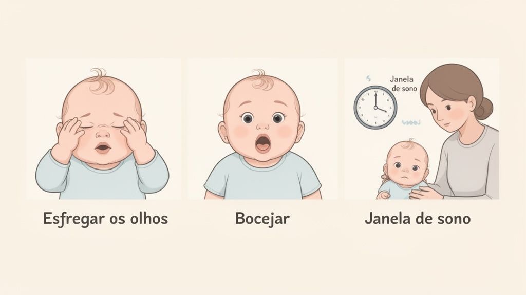 Três ilustrações de um bebê mostrando sinais de sono: esfregar os olhos, bocejar e estar na janela de sono.