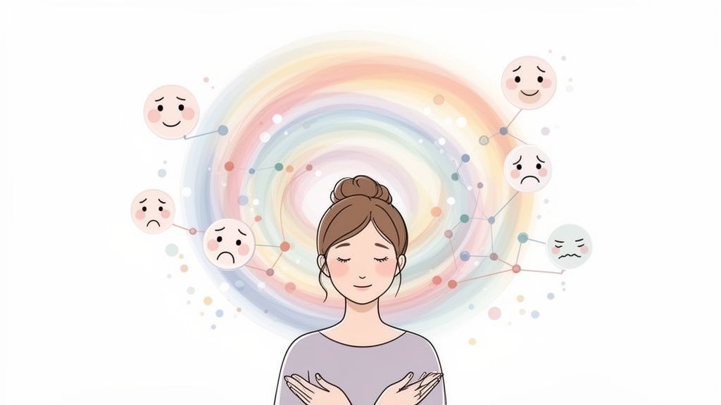 Ilustração de mulher em estado de meditação, com emoções coloridas e emaranhadas ao redor da sua cabeça.