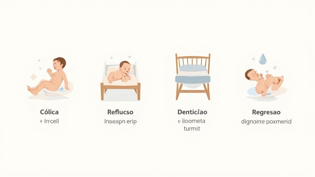 Quatro ilustrações detalhadas de bebês enfrentando cólica, refluxo, dentição e regressão do sono, com textos explicativos.
