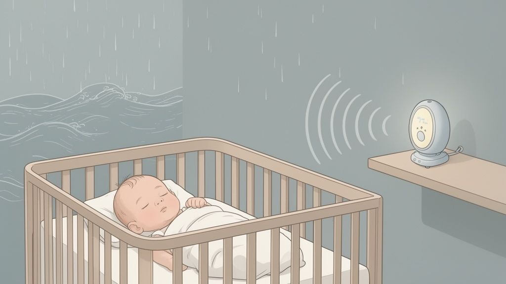 Bêbe dormindo pacificamente em um berço, com um aparelho de ruído branco emitindo sons calmantes, e chuva e ondas no fundo.