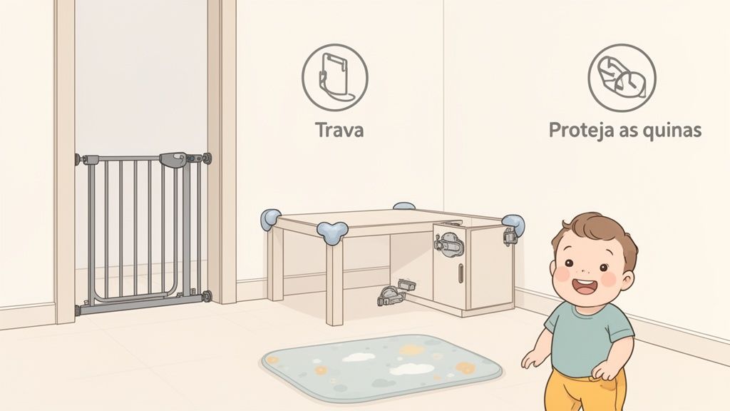 Imagem ilustra um ambiente seguro para bebês, com portão de segurança, protetores de quina e travas em móveis, e um bebê feliz.