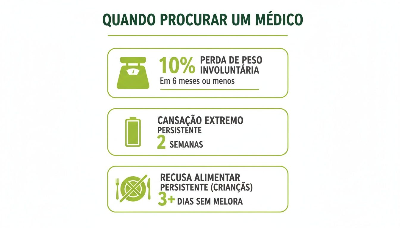 Infográfico: Quando procurar um médico. Sinais de alerta como perda de peso, cansaço extremo e recusa alimentar infantil.