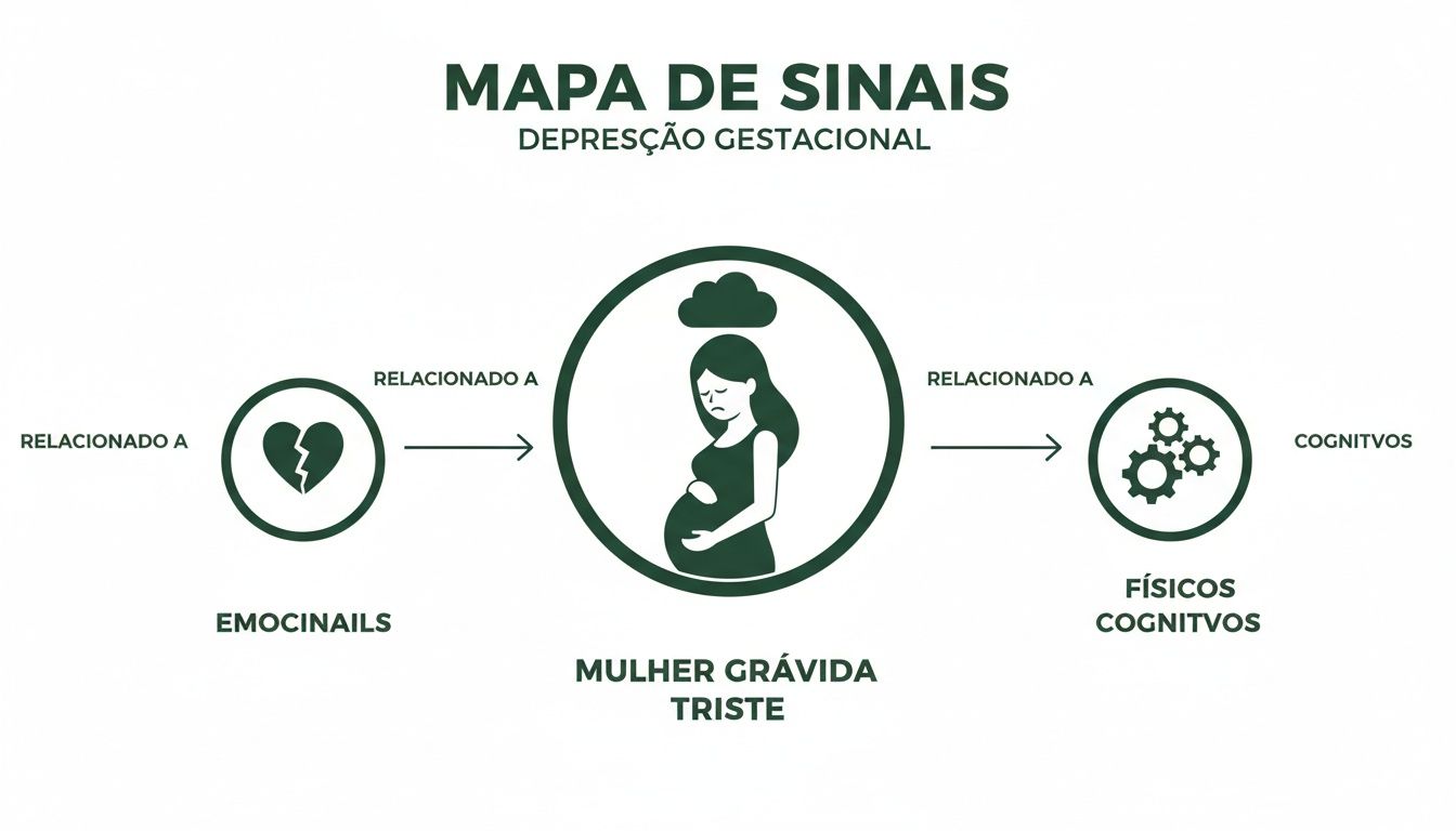Mapa de sinais da depressão gestacional: mulher grávida triste, emoções e cognição.
