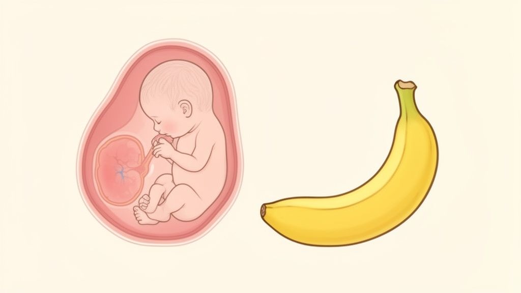 Ilustração de um feto no útero, comparado em tamanho a uma banana amarela para referência de tamanho.