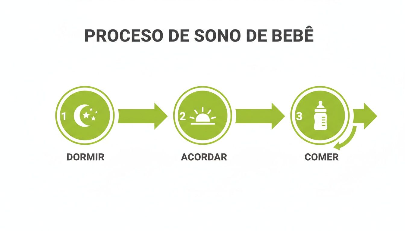 Diagrama simples mostrando o processo de sono do bebê: dormir, acordar e comer em ciclo.