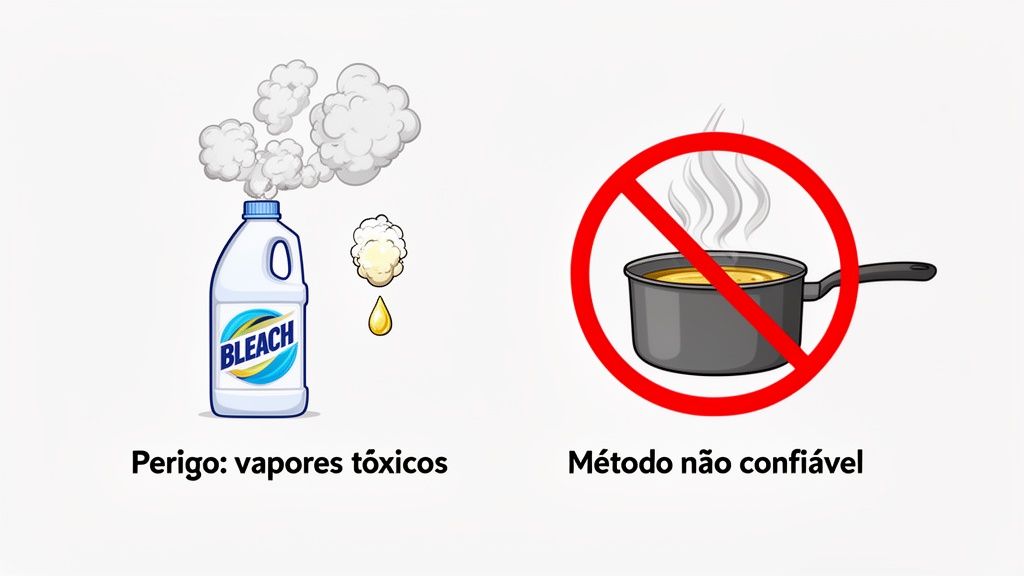 Duas ilustrações alertam sobre perigos: vapores tóxicos de lixívia e um método de cozimento não confiável.
