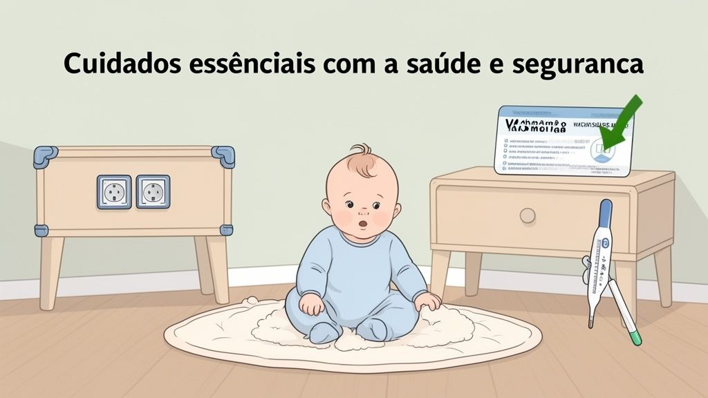 Ilustração de um bebê em um ambiente seguro com protetores de tomada, carteira de vacinação e termômetro.