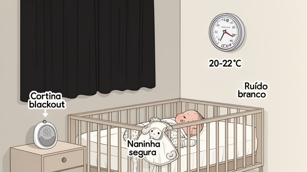 Quarto de bebê com cortina blackout, máquina de ruído branco, temperatura ideal (20-22°C) e naninha segura para um sono tranquilo.