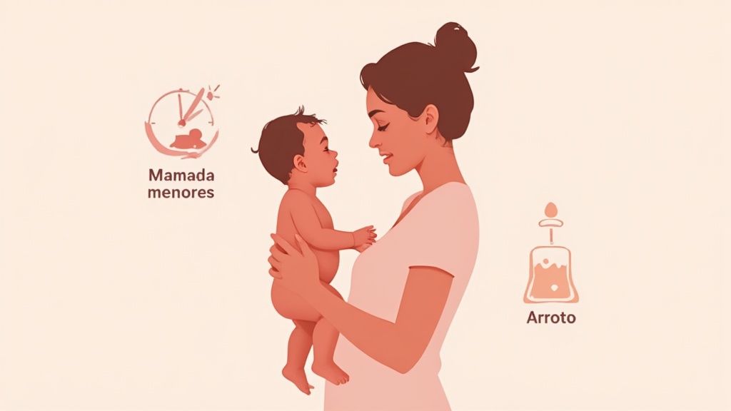 Mãe segura bebê, com ícones que indicam mamadas menores e arroto, sugerindo dicas de alimentação.