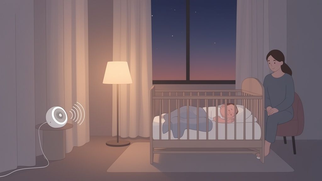 Mãe observa bebê dormindo tranquilamente no berço à noite, com máquina de ruído branco funcionando.