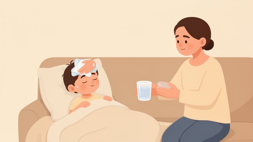 Mãe cuidando do filho doente na cama, oferecendo água e medicamento, com compressa na testa.